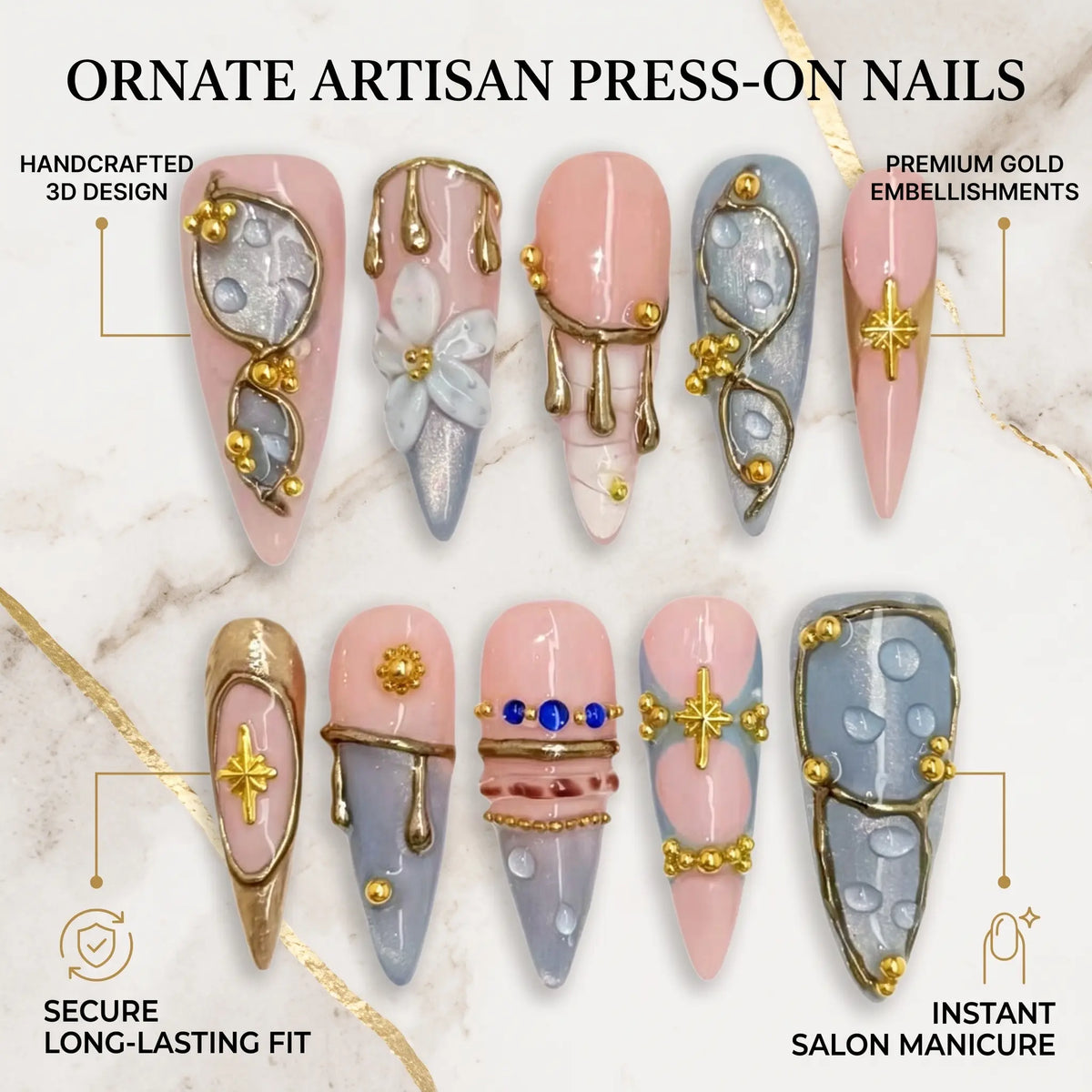 Angelcore Inspired Luxury Nail Art, Soft Pink Base with Ice Blue Chrome Effect, Gold Metal Details, Floral Texture and Elegant Minimal Design for Wedding Season, Fashion Events and Chic Everyday Looks