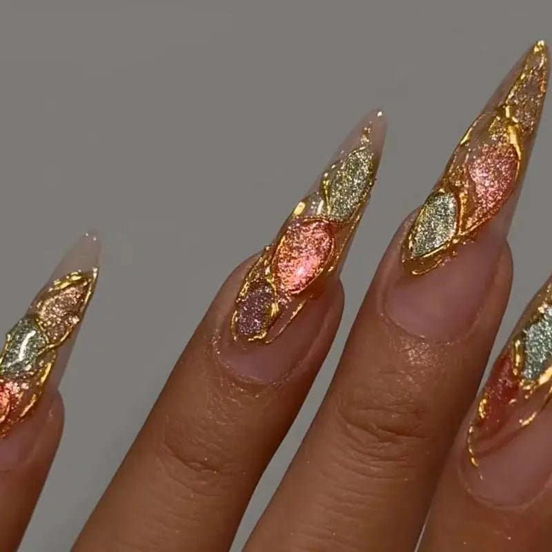 SHEDARES Sunset Cat Eye – Handmade Press-On Nails with Pink, Green & Gold Cat Eye Effects, Metallic Edges & Glossy Nude Base – Perfect for Vacation & Glow Looks