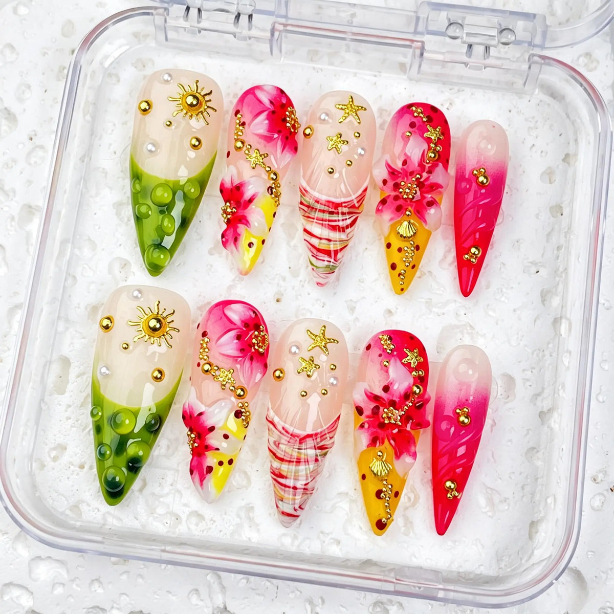DivelleNails Handmade Press On Nails Collection 10pcs,Stiletto Nude Pink Gradient Nails,3D White Flower Gold Bangle Accent Blue Purple Heart Rhinestone,Reusable Acrylic False Nails