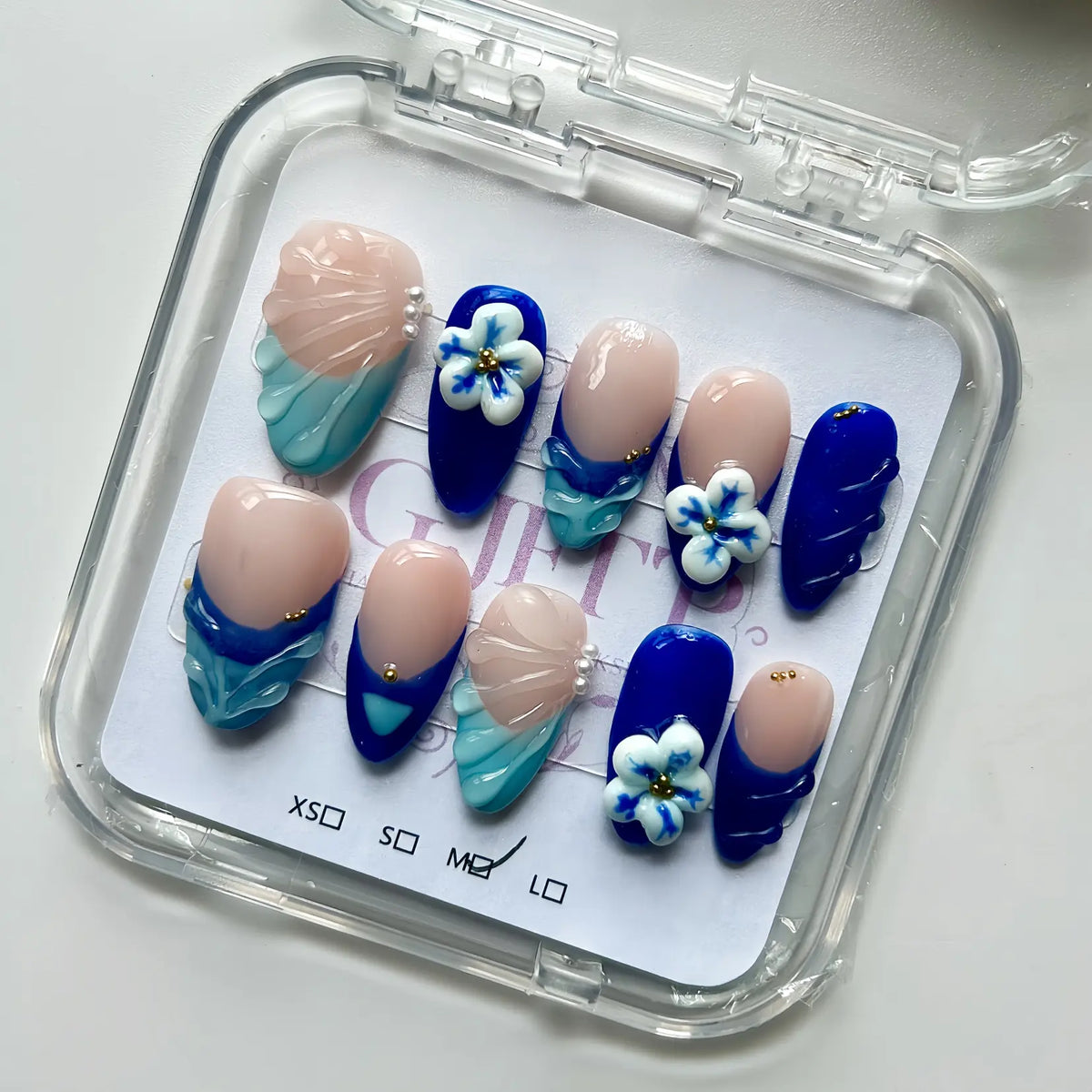 10Pcs Handmade Press On Nails Reusable Medium Handmade Acrylic Press Nails New Summer Collection, Cute Elegant Luxury Cat Eye Design, Ocean Inspired, High Quality Soft Sophisticated Look for Women Nail Art