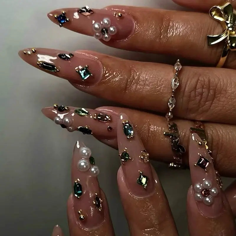 SHEDARES Starlit Glam – Luxury Nude Press-On Nails with Pearls, Crystals & Golden Details  – Perfect for Glam Nights & Holiday Parties