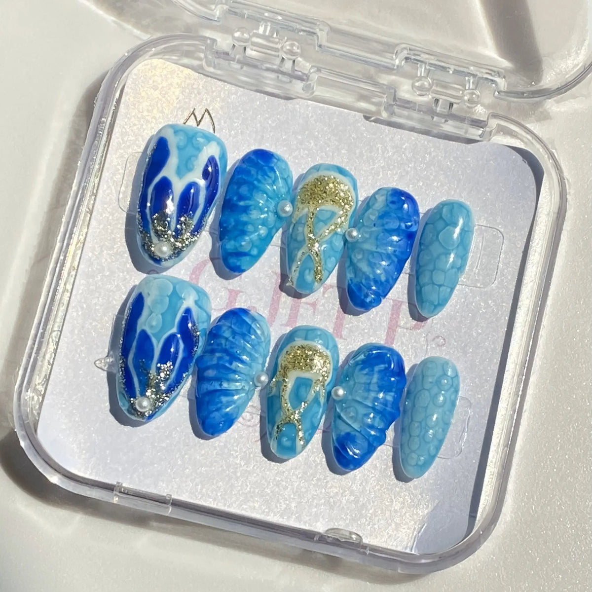 10Pcs Handmade Press On Nails Reusable Medium Handmade Acrylic Press Nails New Summer Collection, Cute Elegant Luxury Cat Eye Design, Ocean Inspired, High Quality Soft Sophisticated Look for Women Nail Art