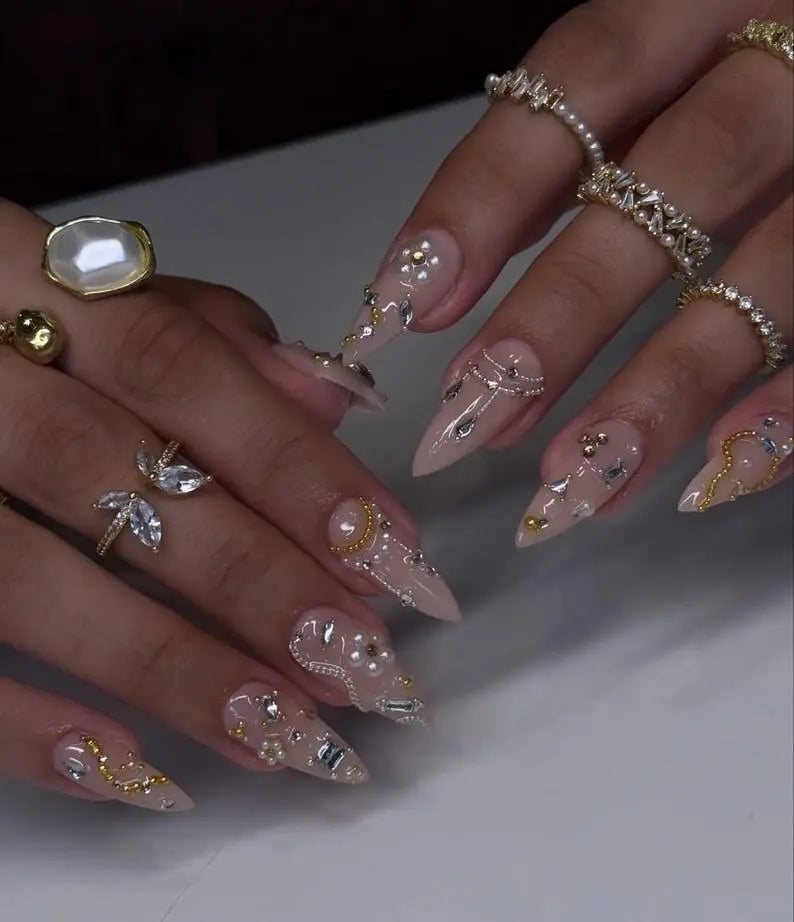[Julina Beauty] Handmade Pearl & Gold Drip Luxury Stiletto Press On Nails | Elegant Bridal White Pearl Fake Nails | 3D Crystal Wedding, Event Nail Gem