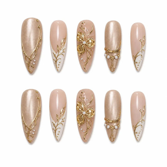 Luxury Nude Gold Press On Nails | Elegant Pearl Floral Nails | Neutral Champagne Handmade Nail Set