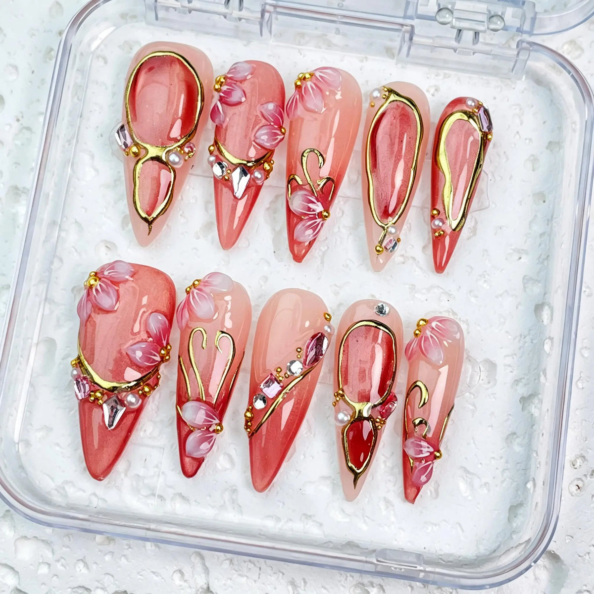 DivelleNails Handmade Press On Nails Collection 10pcs,Stiletto Nude Pink Gradient Nails,3D White Flower Gold Bangle Accent Blue Purple Heart Rhinestone,Reusable Acrylic False Nails