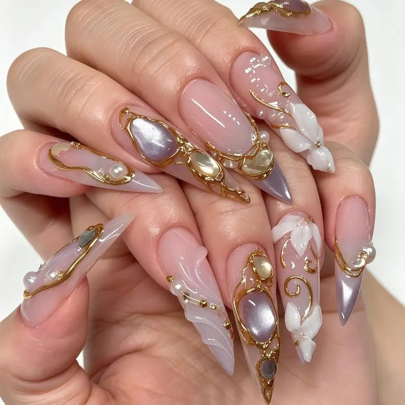 Luxury Gold Press-On Nails | Pearl Accents & 3D Floral Baroque Design