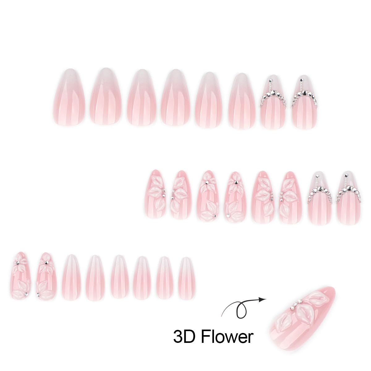Medium Almond Press on Nails - White French Tip with 3D Flower Rhinestones
