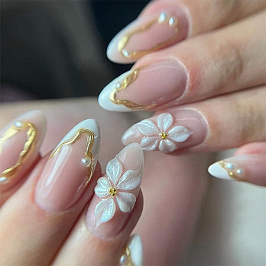 White French Tips Press on Nails, Irregular Gold 3D Lines with Flower & Pearl Design, Reusable Salon Quality Acrylic False Nails for Women, Glue On Nails with Adhesive Tabs for Daily Wear