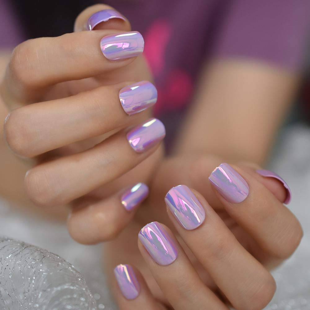 EchiQ Press On Nails Pearl Shine Pink French Nail White Round Fake Nails Short Glossy Satin Artificial Lady Fingernails with Adhesive Tabs