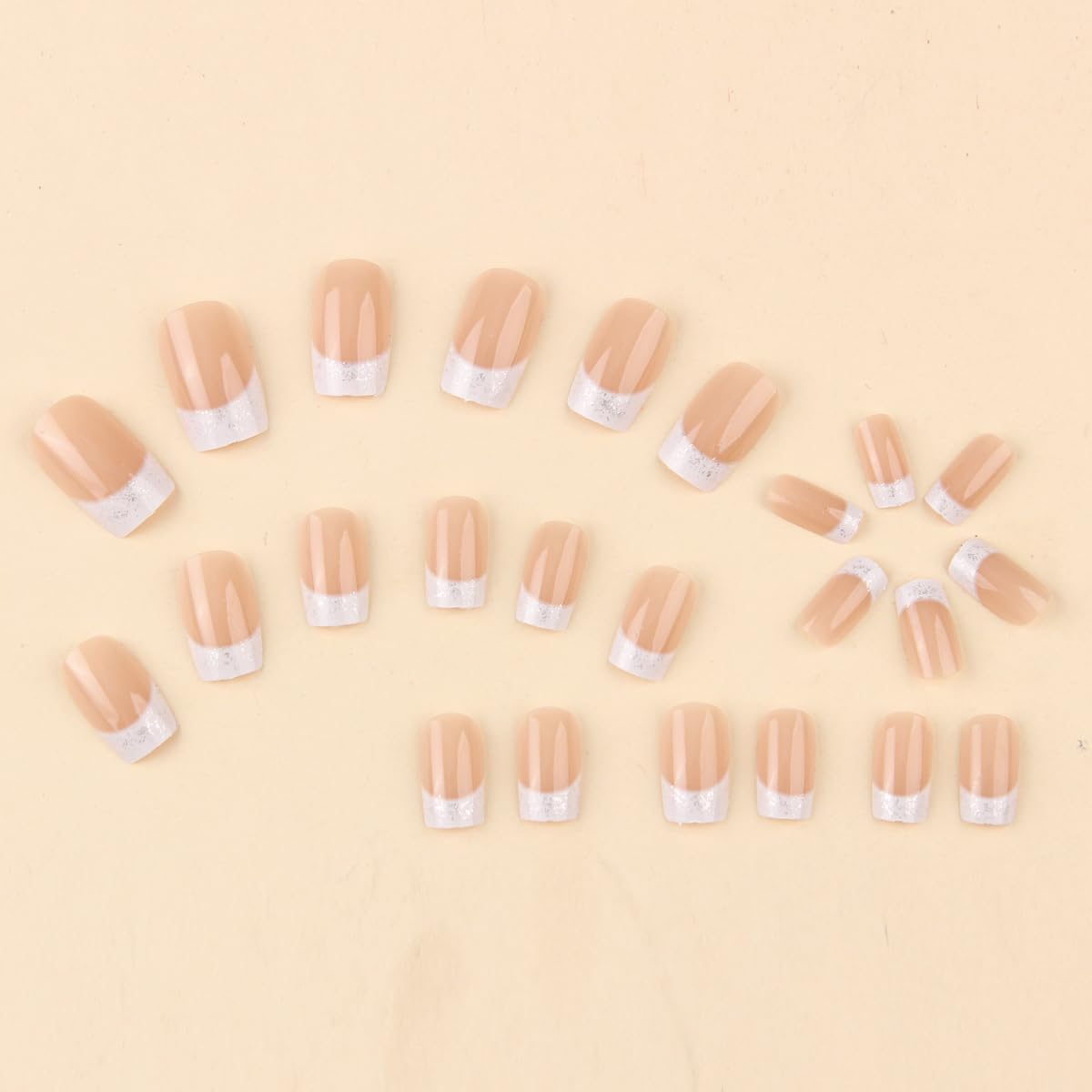 24Pcs French Tip Press On Nails Medium Square Glitter Acrylic Nails with White Gradient Design Glossy False Nails Reusable Nude Stick On Nails for Women Manicure Decor Supplies