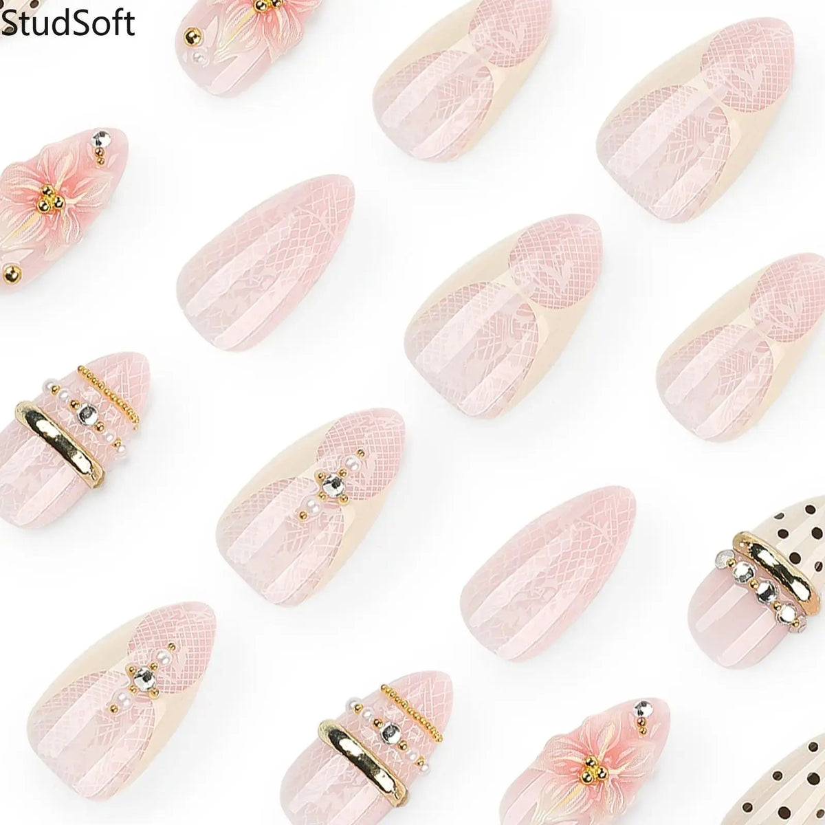 Elegant False Nails, 24pcs Medium Almond Coquette Style with 3D Floral Design, White Lace & Gold Beads for Bridal Wear, Flower Design Nails, Nail Tips Art,sohochic