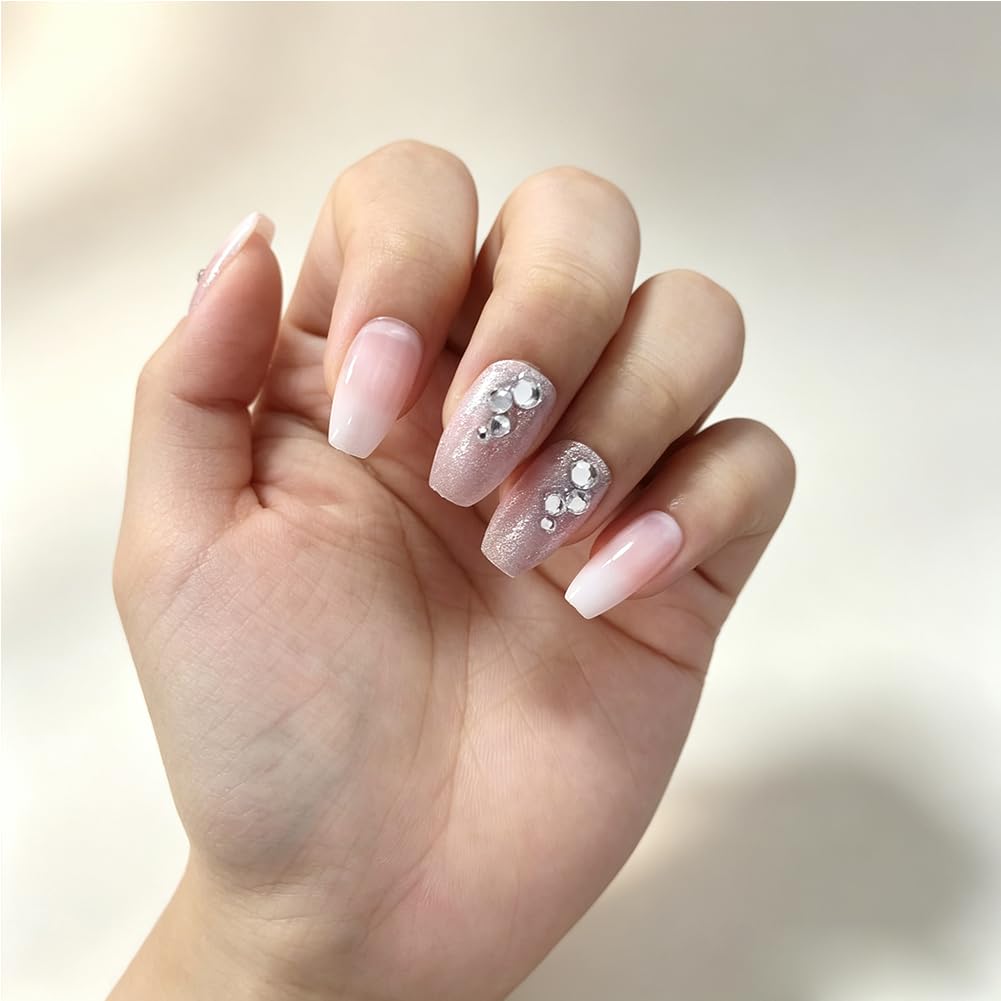 24Pcs Pink to White Ombre Press on Nails – Medium Square Glossy Fake Nails with 3D Crystal Glitter Accents – Reusable Full Set for Wedding