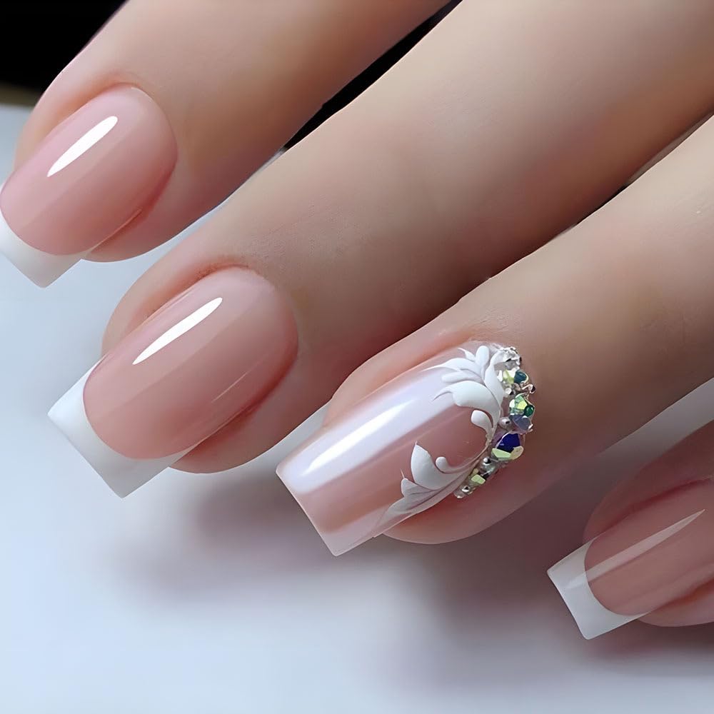 Medium Square Press On Gold Foil False Nails - French Tip, White Tip, Glitter Acrylic - 24 Pcs