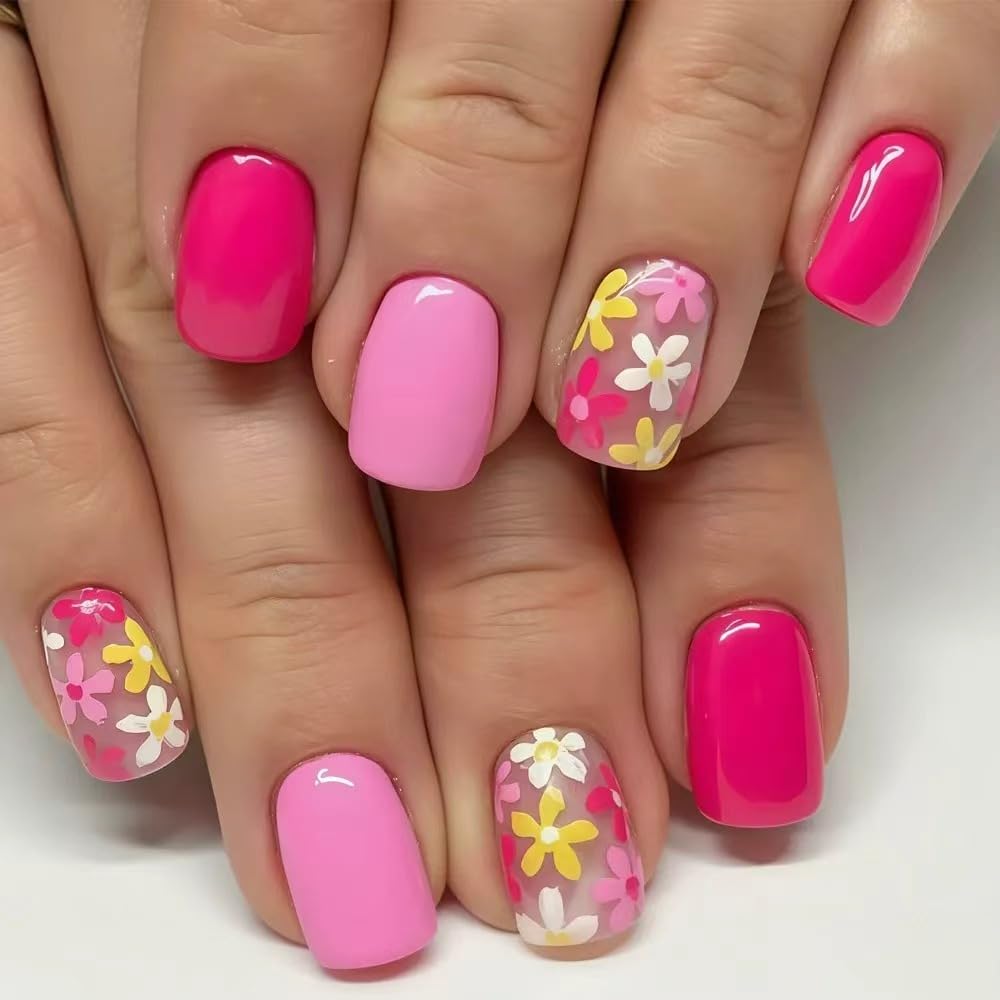 Cat Eye Press On Nails Short Square 3D Floral Pearl Wedding Nails 24PCS