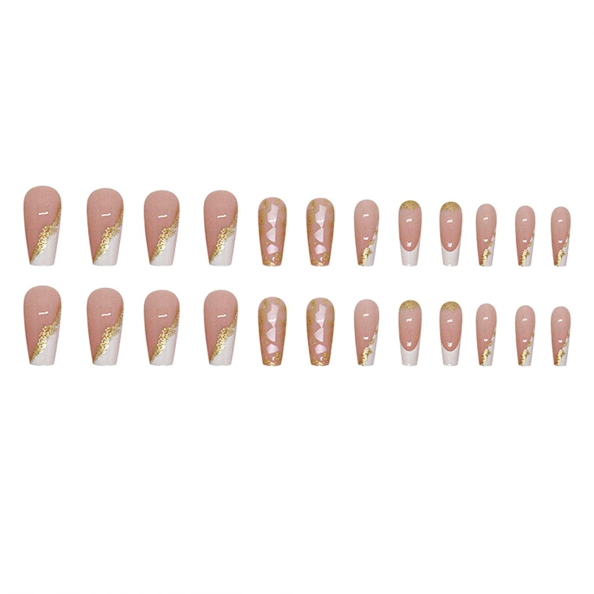 Medium Square Press On Gold Foil False Nails - French Tip, White Tip, Glitter Acrylic - 24 Pcs