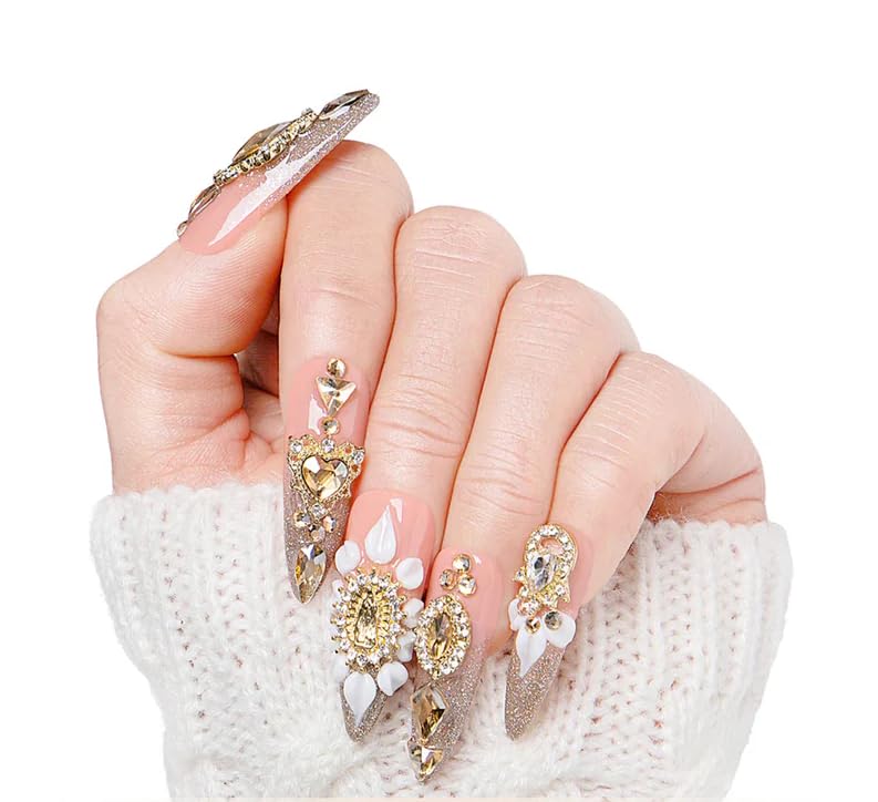LOVFUL Reusable Press on Nails | Regal Glitz | Salon Quality Sustainable Style Handmade with Full Covered Crystals | Stiletto Mid Length 1.7 in | H259-L