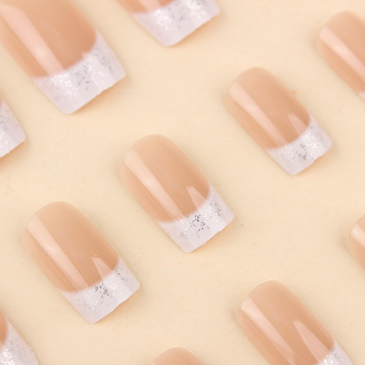 24Pcs French Tip Press On Nails Medium Square Glitter Acrylic Nails with White Gradient Design Glossy False Nails Reusable Nude Stick On Nails for Women Manicure Decor Supplies
