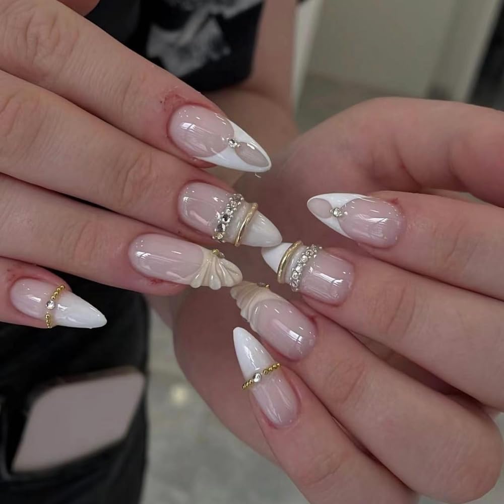 Medium Almond Pink 3D Twist French Tips Rhinestone Press On Nails