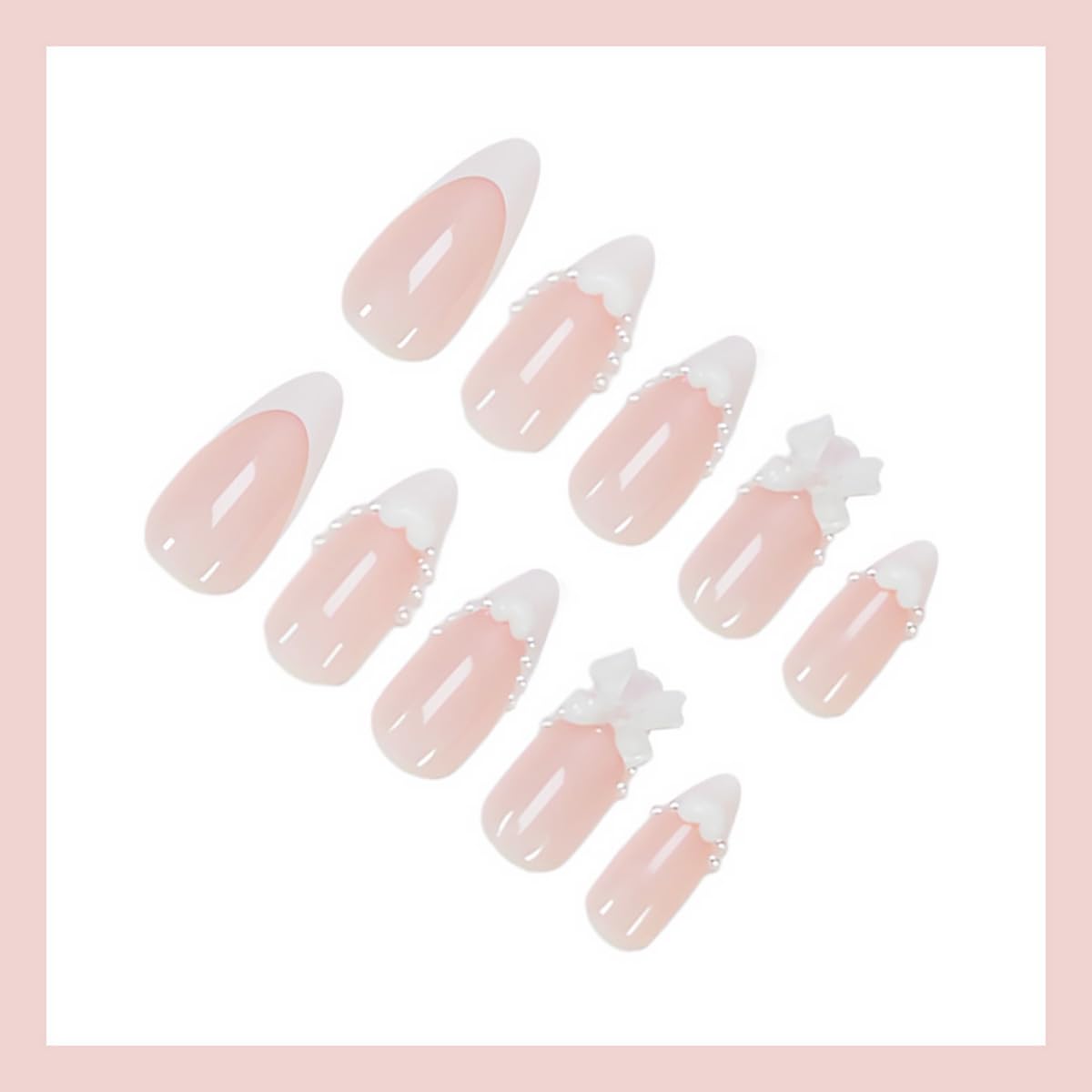 24Pcs White French Tip Press on Nails Medium Almond Fake Nails with Heart Pearl Design French Tip False Nails Cute 3D Bow Gems Stick on Nail Full Cover Reusable Glue on Nails for Women Wedding Daily