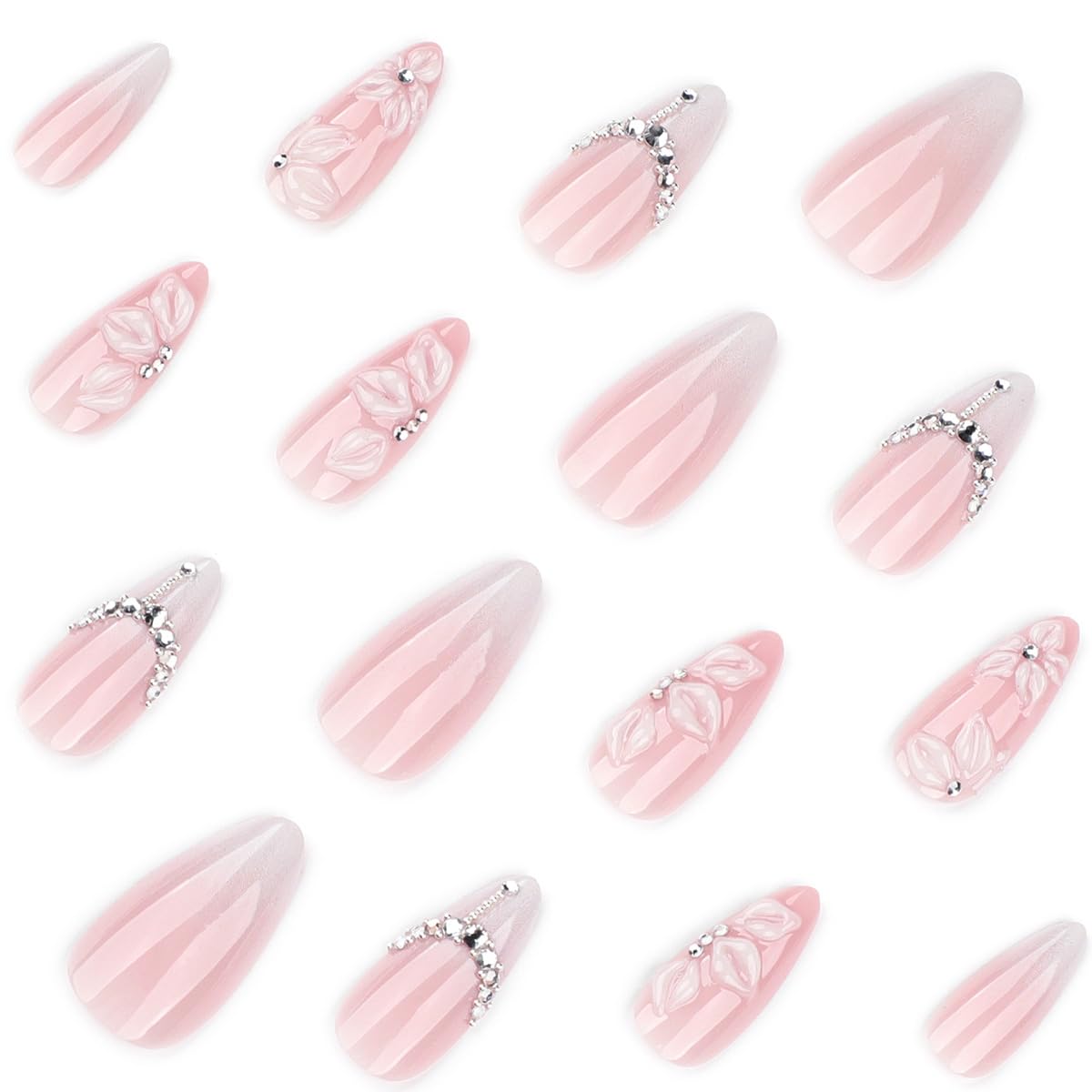 24Pcs White French Tip Press on Nails Medium Almond Fake Nails with Silver Rhinestones with Nude Pink Full Cover Glue on Nails French Designs 3D Flower False Nails Cute Spring Stick on Nails for Women