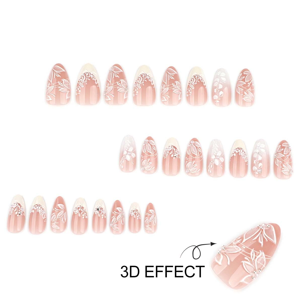 Medium Almomnd Press on Nails - Elegant White Floral Bridal Fake Nails