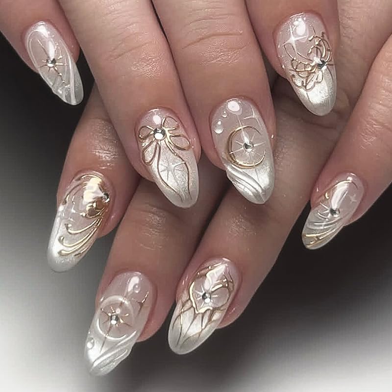 French Tip Press on Nails Medium Almond Fake Nails White Pearl False Nail Tips Summer Wedding Acrylic Nails Glossy Beach Glue on Nails Reusable Cute Stick on Nails for Women Manicure
