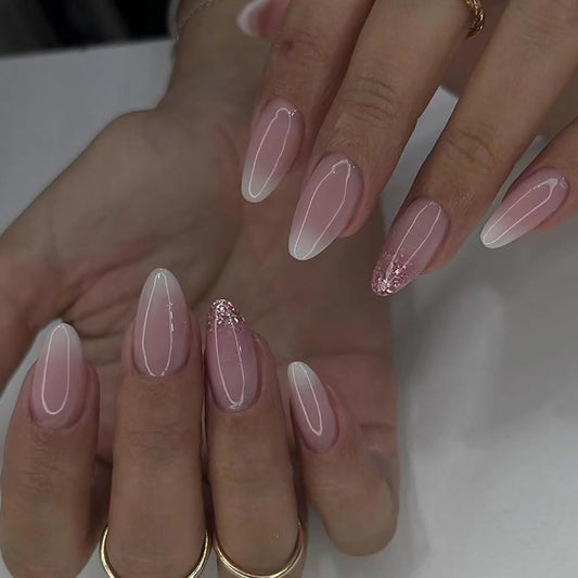 Ombre Almond Press on Nails Pink White Short Medium Fake Nail with Bling Designs Stick on fake on Nail for Wedding Manicure Classy for Women Gel Full Cover 24 Pcs