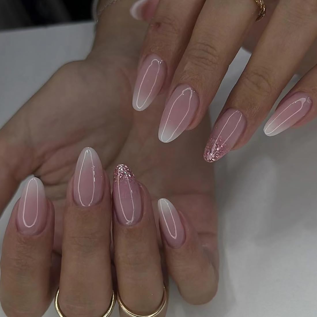 Ombre Almond Press on Nails Pink White Short Medium Fake Nail with Bling Designs Stick on fake on Nail for Wedding Manicure Classy for Women Gel Full Cover 24 Pcs