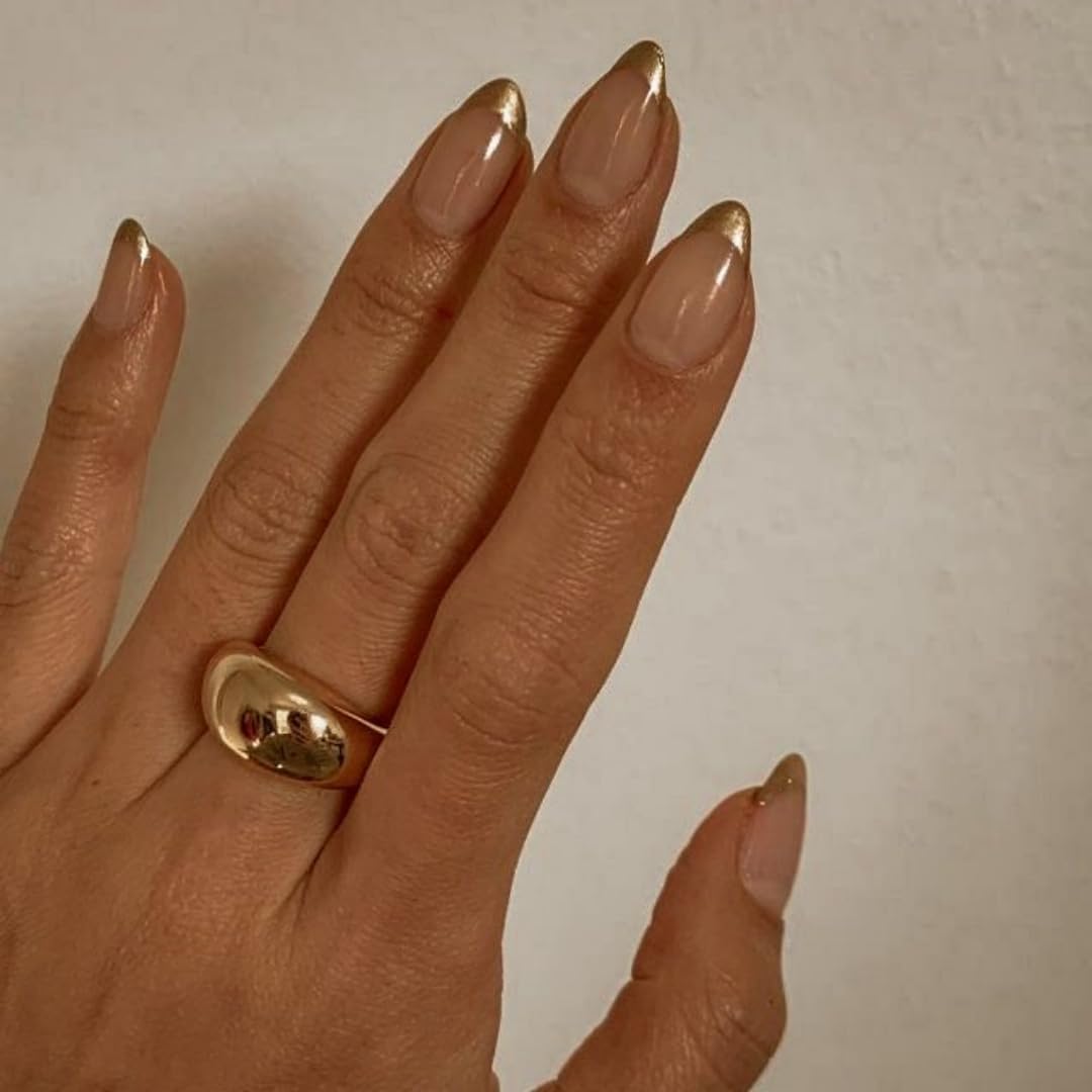 White French Tip Press On Nails Almond - KQueenest Chrome Press On Nails Medium, Glazed Natural Light Nude Fake Nails Press on, Reusable Glue on Nails Stick On Nail for Women Bridal Wedding