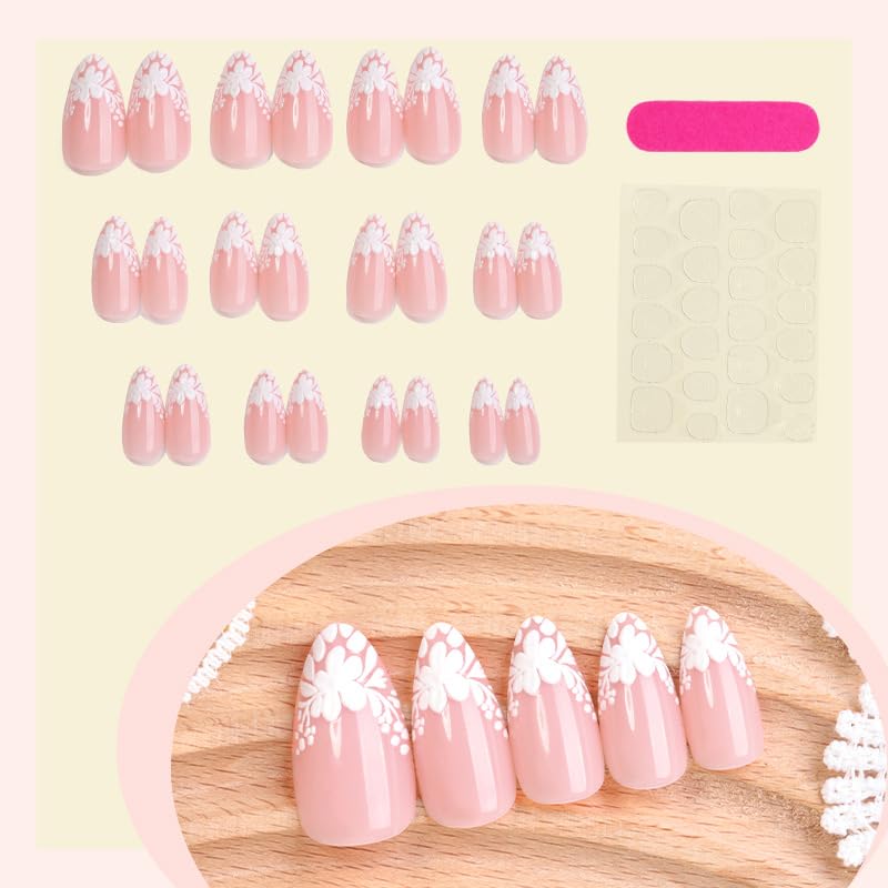 White Flower Press on Nails French Tip Fake Nails Medium Almond False Nails Glossy Artificial Stick on Nails Full Cover Acrylic Nails for Women Manicure 24Pcs
