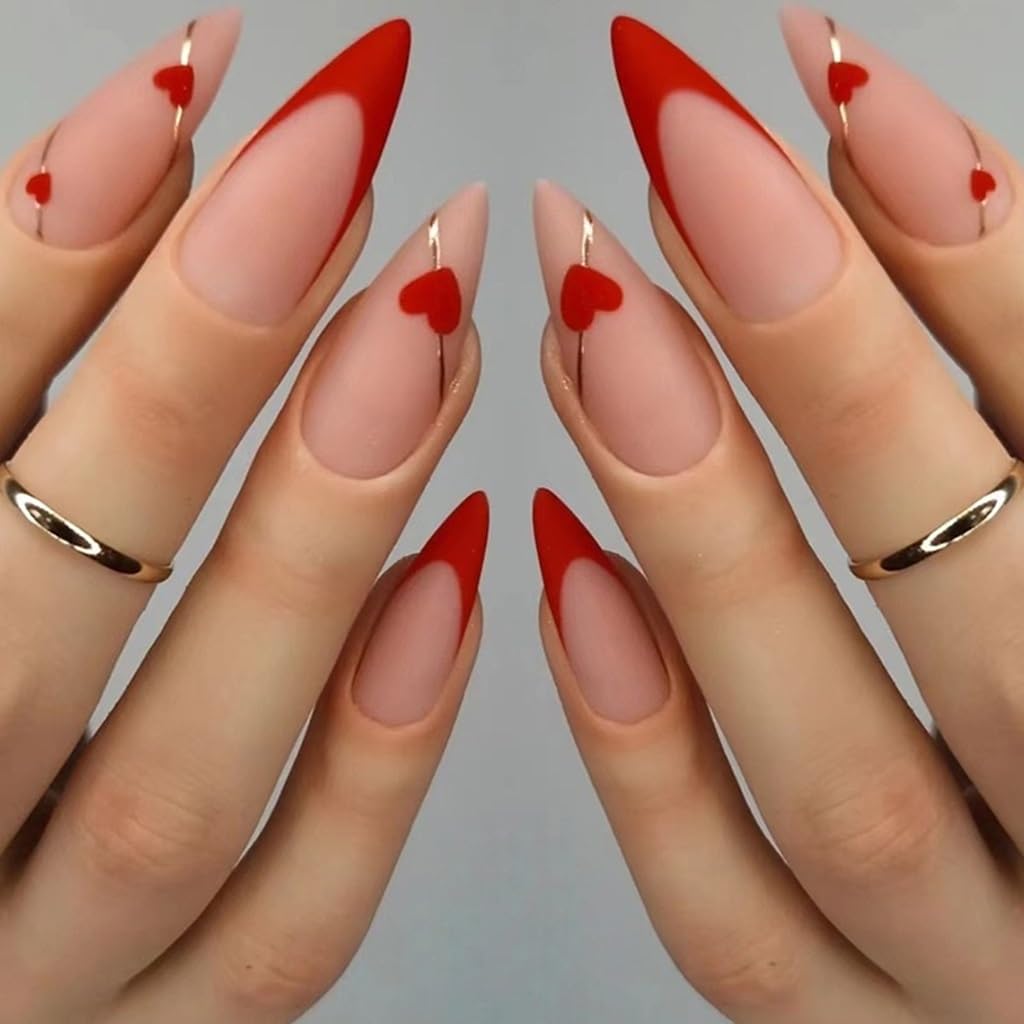 Almond Press on Nails Medium - Fall Fake Nails with Gold Line Design - White Full Cover Stick on False Nails - for Women 24 Pcs