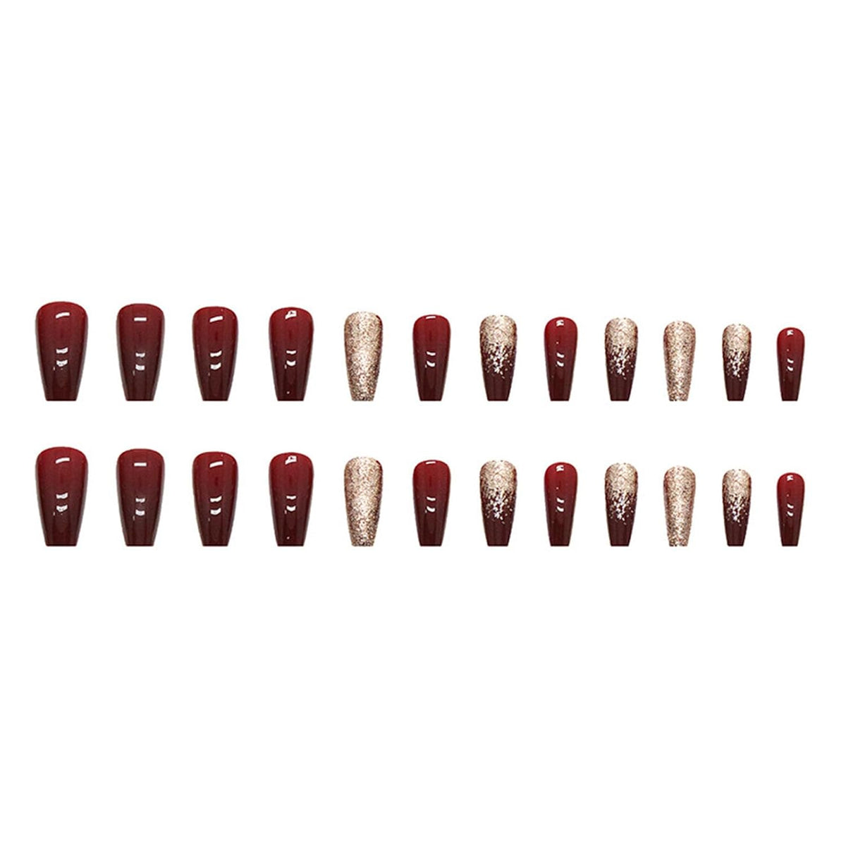 Wedding Shiny Red Wine Color Press On Nails, Mid Size Fake Nails, Bride's Best Fake Nails with Shiny luster and Gold Powder, Detachable Acrylic Nails and Suitable for Women and Girl's Nail Art, 24 PCS