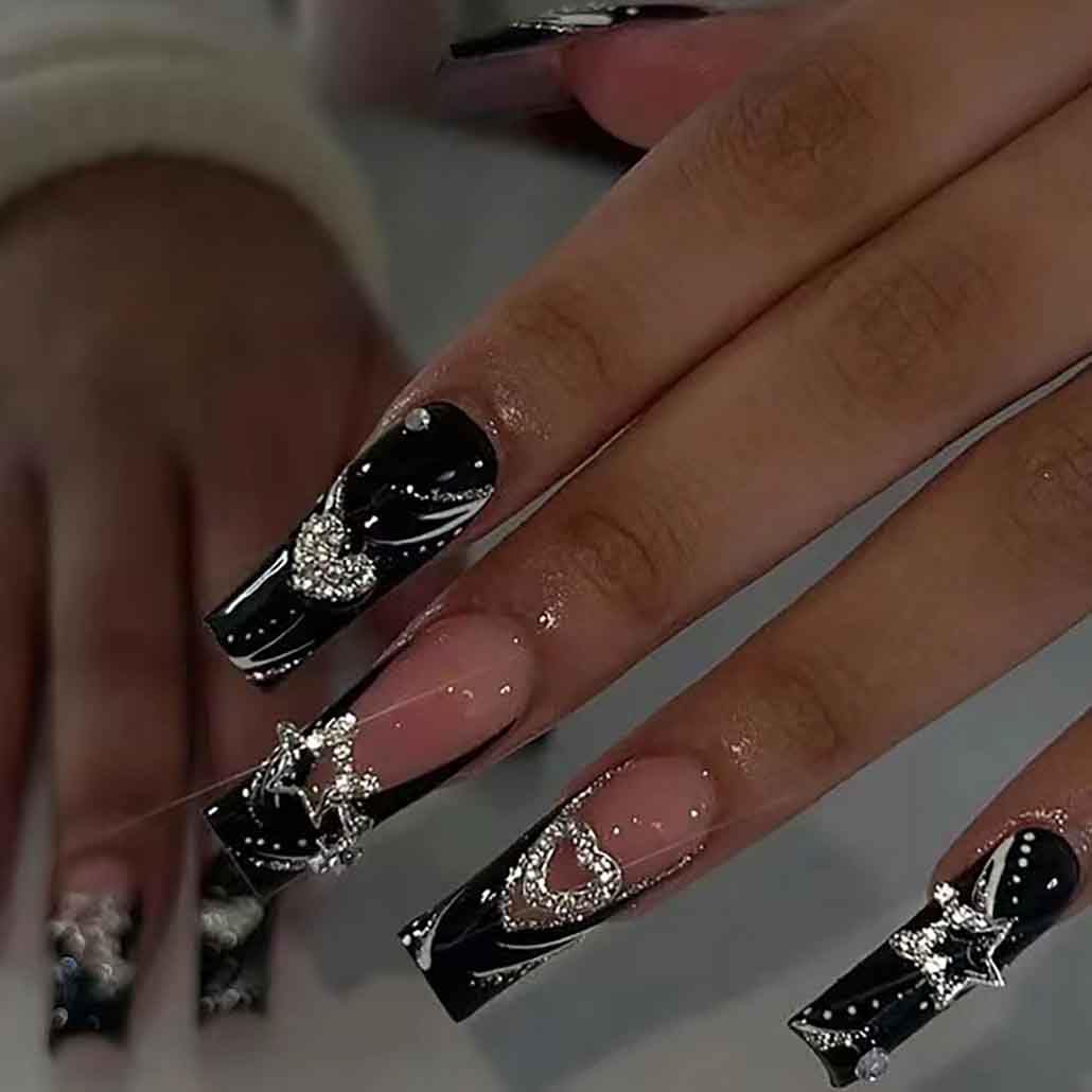 Foccna Press on Nails Almond Fake Nails with Gold Line Design Glue on Nails Acrylic Nails Glossy Full Cover Stick on Nails for Women 24Pcs