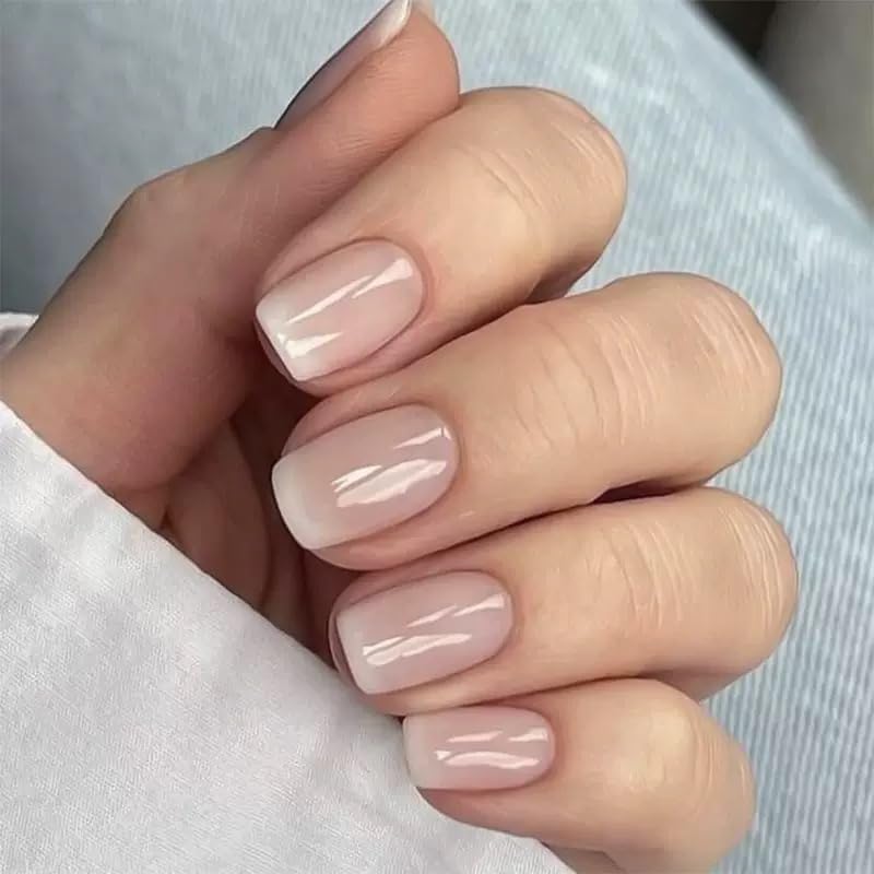 Ombre French Press On Nails Short - IKISKT Fashion Acrylic False Nails, Glue On Nails with Glue Sticker,Fit Perfectly & Natural Stick On Nails - 24PCS Soft UV Gel Fake Nails Kit, Gradient White