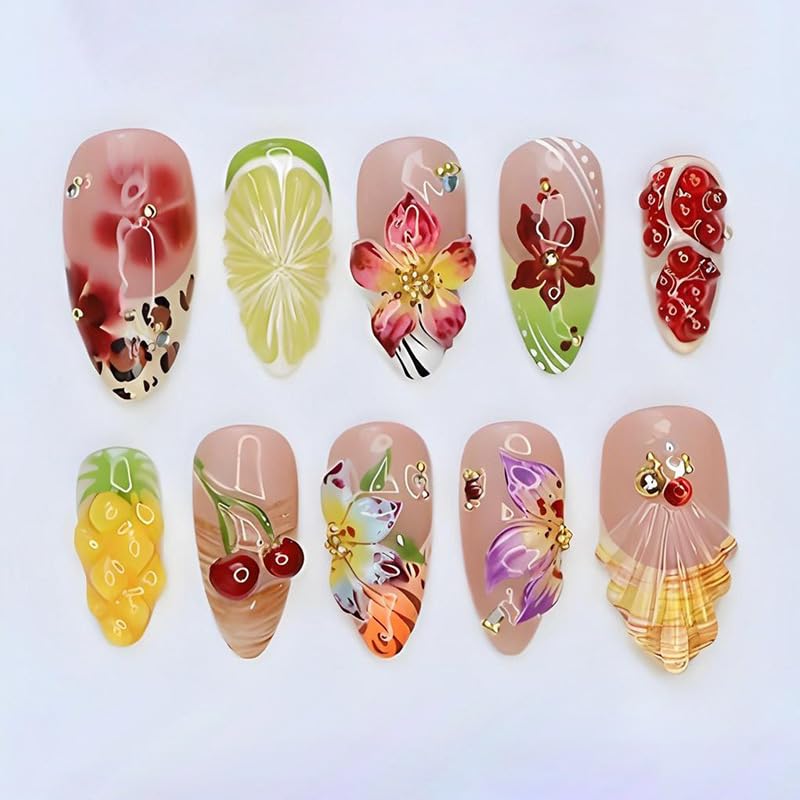 Green Press on Nails Medium Almond Fake Nails with 3D Pearl Rhinestones Designs Gold French Tips Flower Acrylic Nails False Nails White Floral Full Cover Glossy Stick on Nails for Women 24Pcs