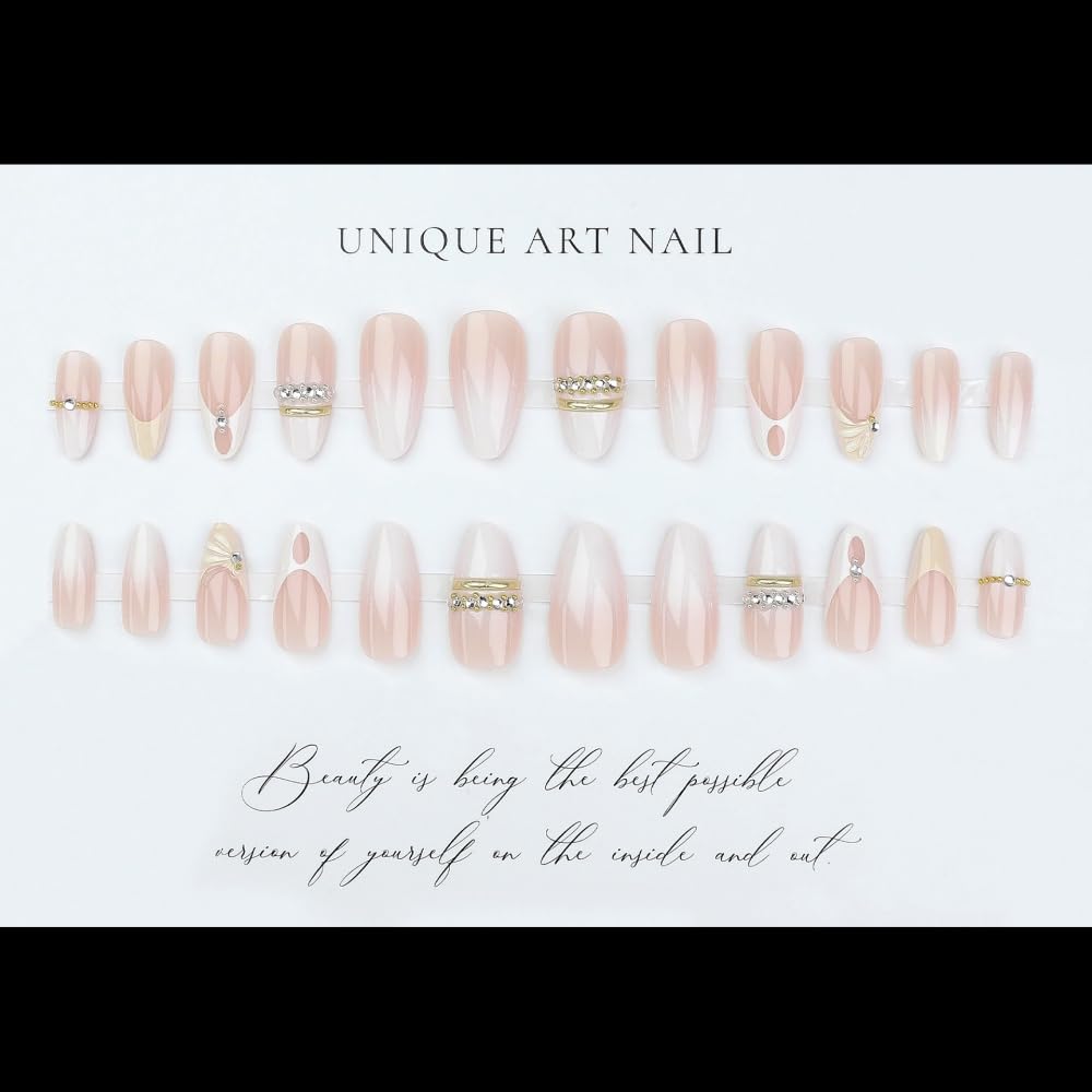 Medium Almond Pink 3D Twist French Tips Rhinestone Press On Nails
