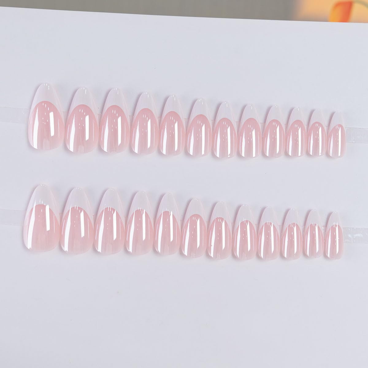 Press On Nails Almond Fake Nails French Tip False Nails Press ons Medium Glue on Nails with Chrome Design for Women Stick on Nail 24Pcs