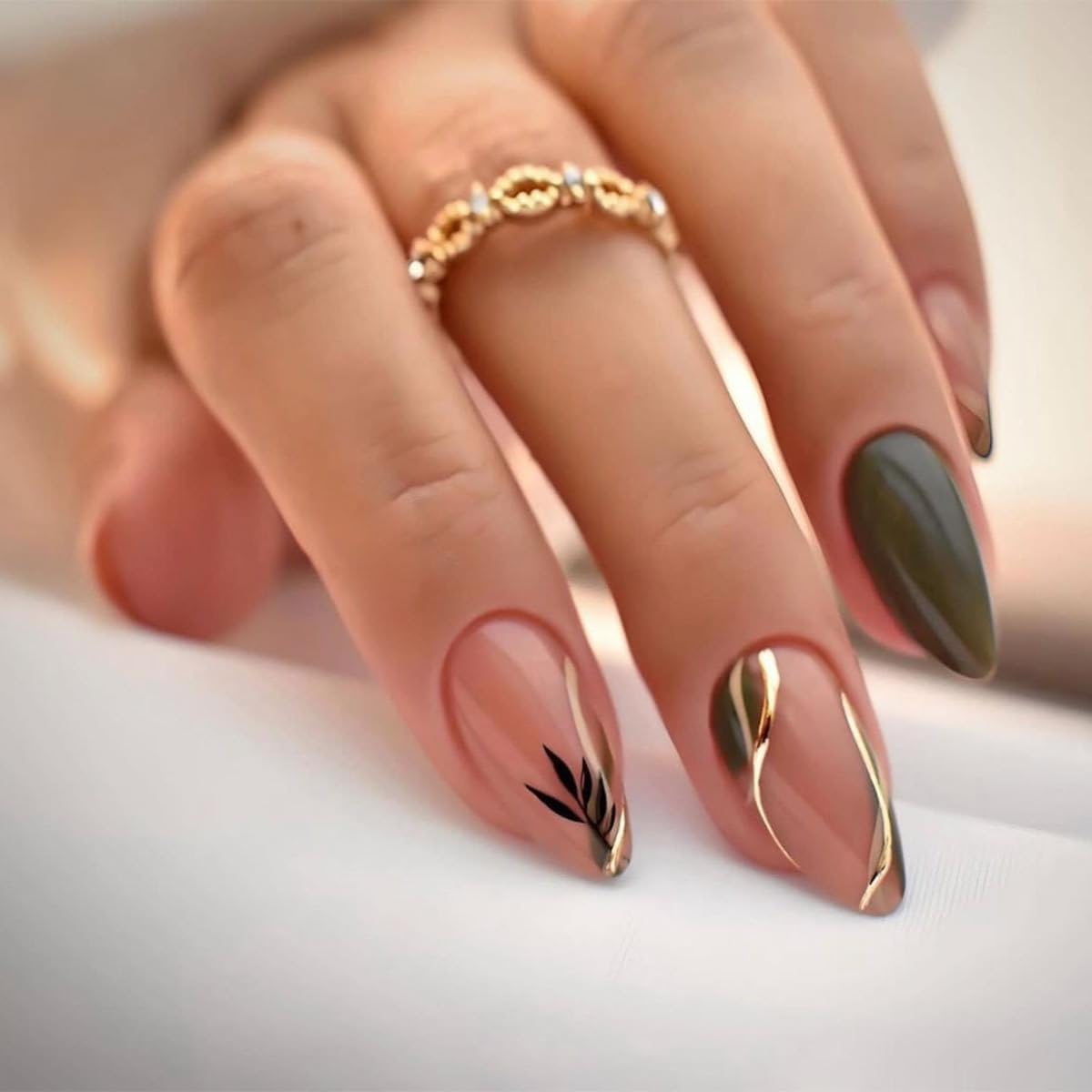 Almond Press on Nails Medium - Fall Fake Nails with Gold Line Design - White Full Cover Stick on False Nails - for Women 24 Pcs
