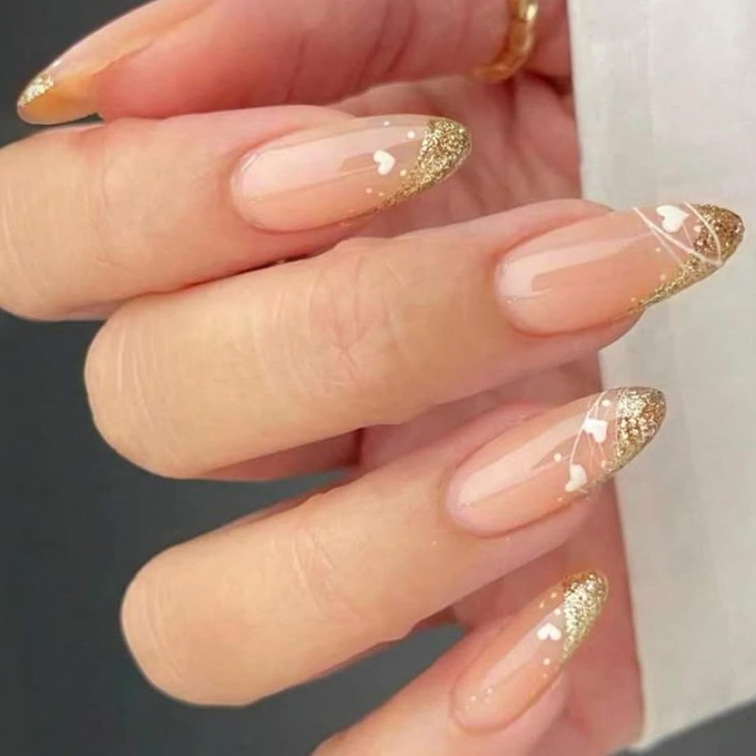 Ombre White Almond Press on Nails Short Medium Pink Fake Nails with Rhinestone Bling Designs Glitter Manicure Fake Nails False Nails for Wedding Fantasy Acrylic stick on nail for Women