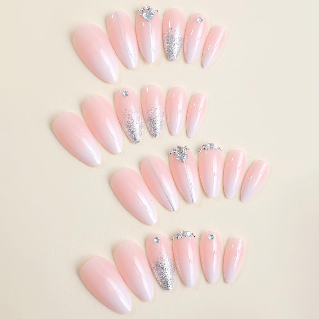 Ombre White Almond Press on Nails Short Medium Pink Fake Nails with Rhinestone Bling Designs Glitter Manicure Fake Nails False Nails for Wedding Fantasy Acrylic stick on nail for Women
