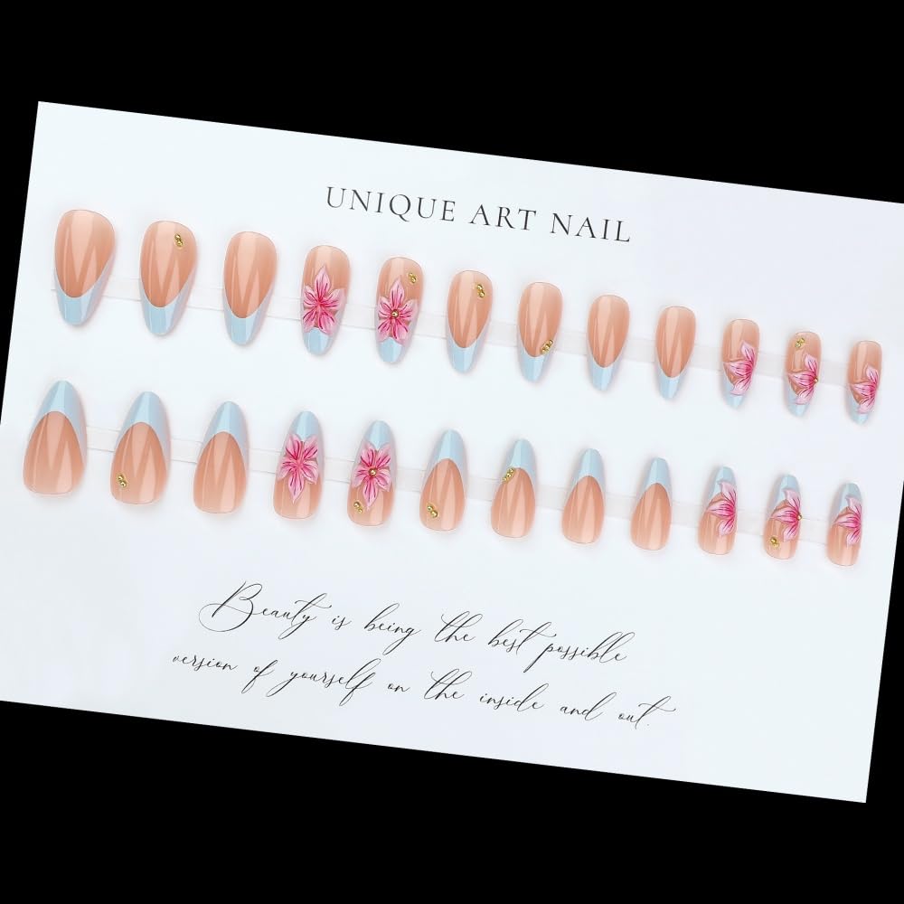 3D Handmade Pink Flower Press on Nails Blue French Tip Almond Fake Nails with Gold Metal Charms Luxury Reusable Full Cover Pink Acrylic Nails Press on for Women 24Pcs