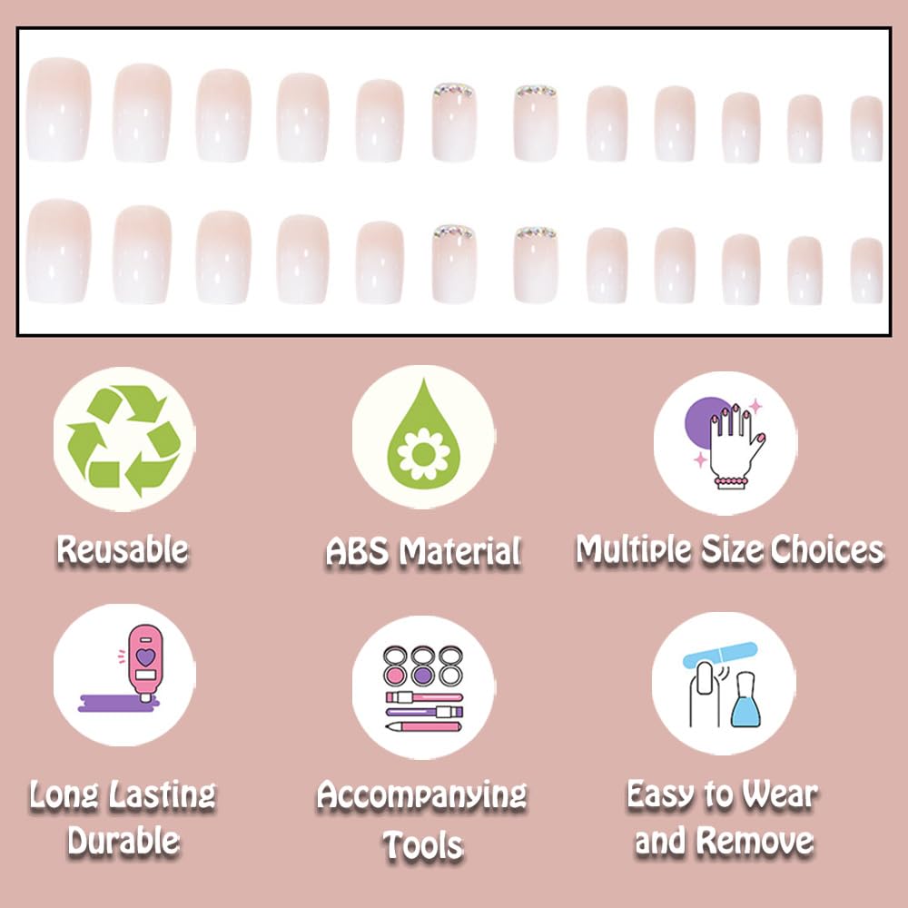 Wedding French Tip Press on Nails White Square Short Ombre Glue on Nails