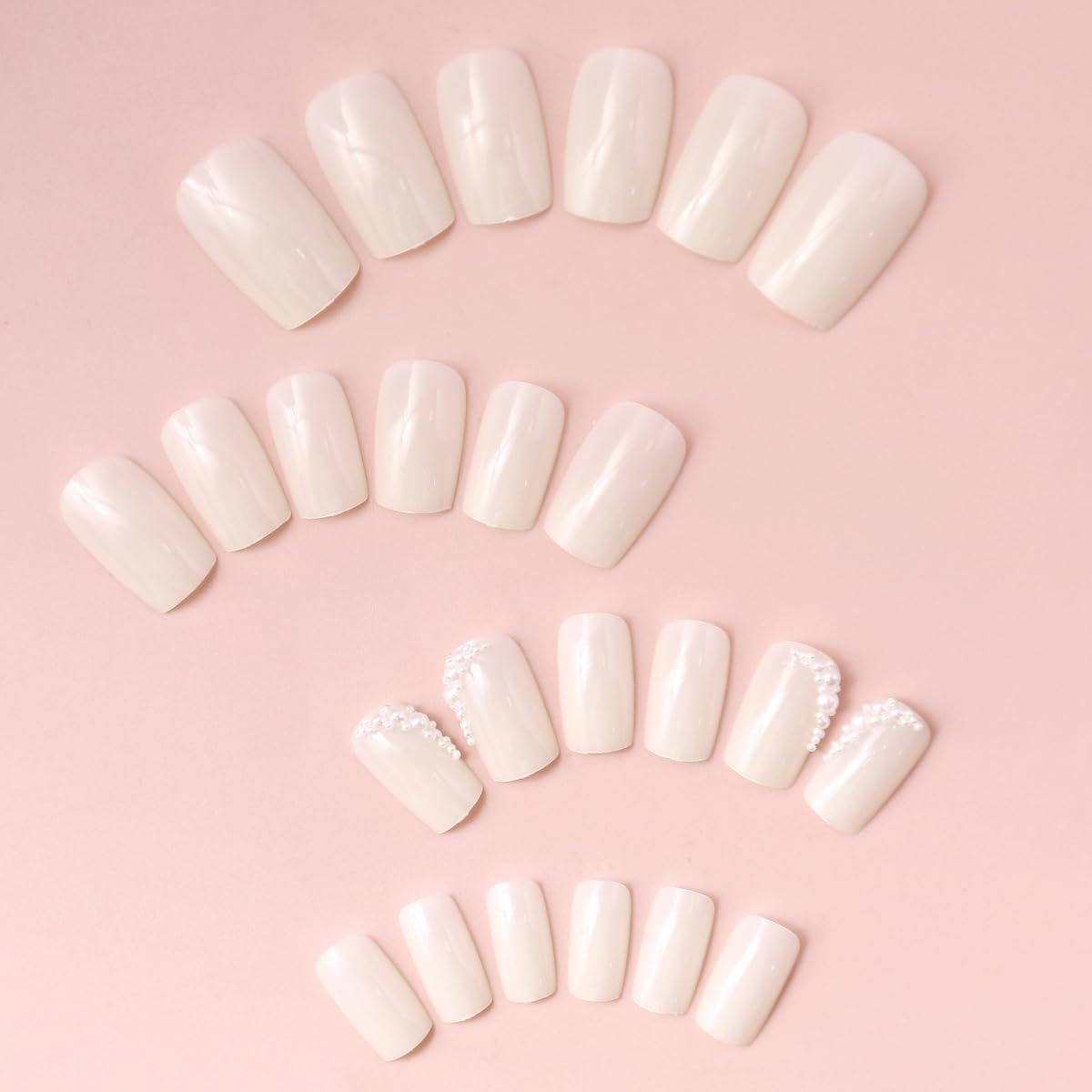 Milky White Press on Nails Medium Square, Pearls Deco Design, 24Pcs