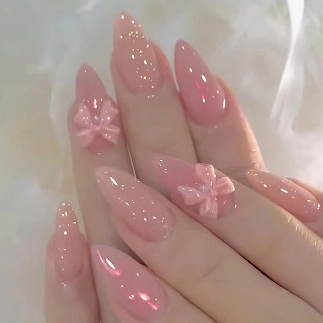 Ombre Almond Press on Nails Pink White Short Medium Fake Nail with Bling Designs Stick on fake on Nail for Wedding Manicure Classy for Women Gel Full Cover 24 Pcs