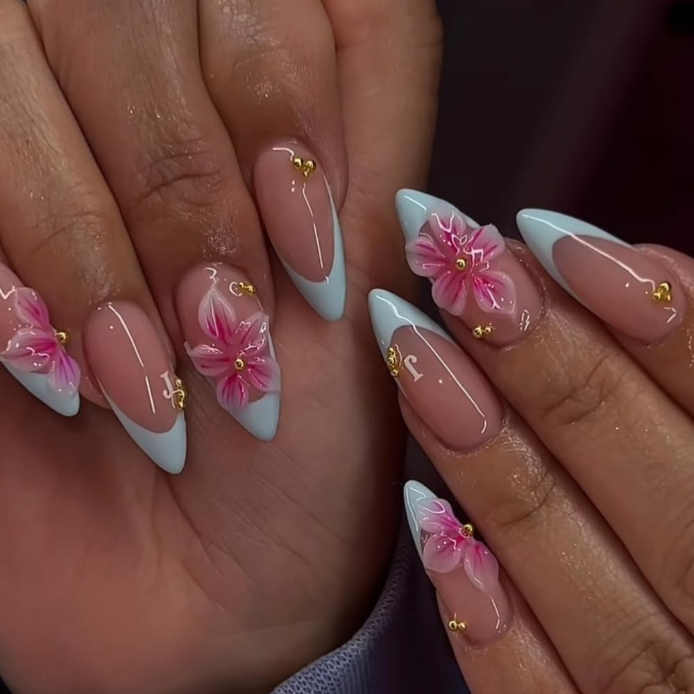 3D Handmade Pink Flower Press on Nails Blue French Tip Almond Fake Nails with Gold Metal Charms Luxury Reusable Full Cover Pink Acrylic Nails Press on for Women 24Pcs
