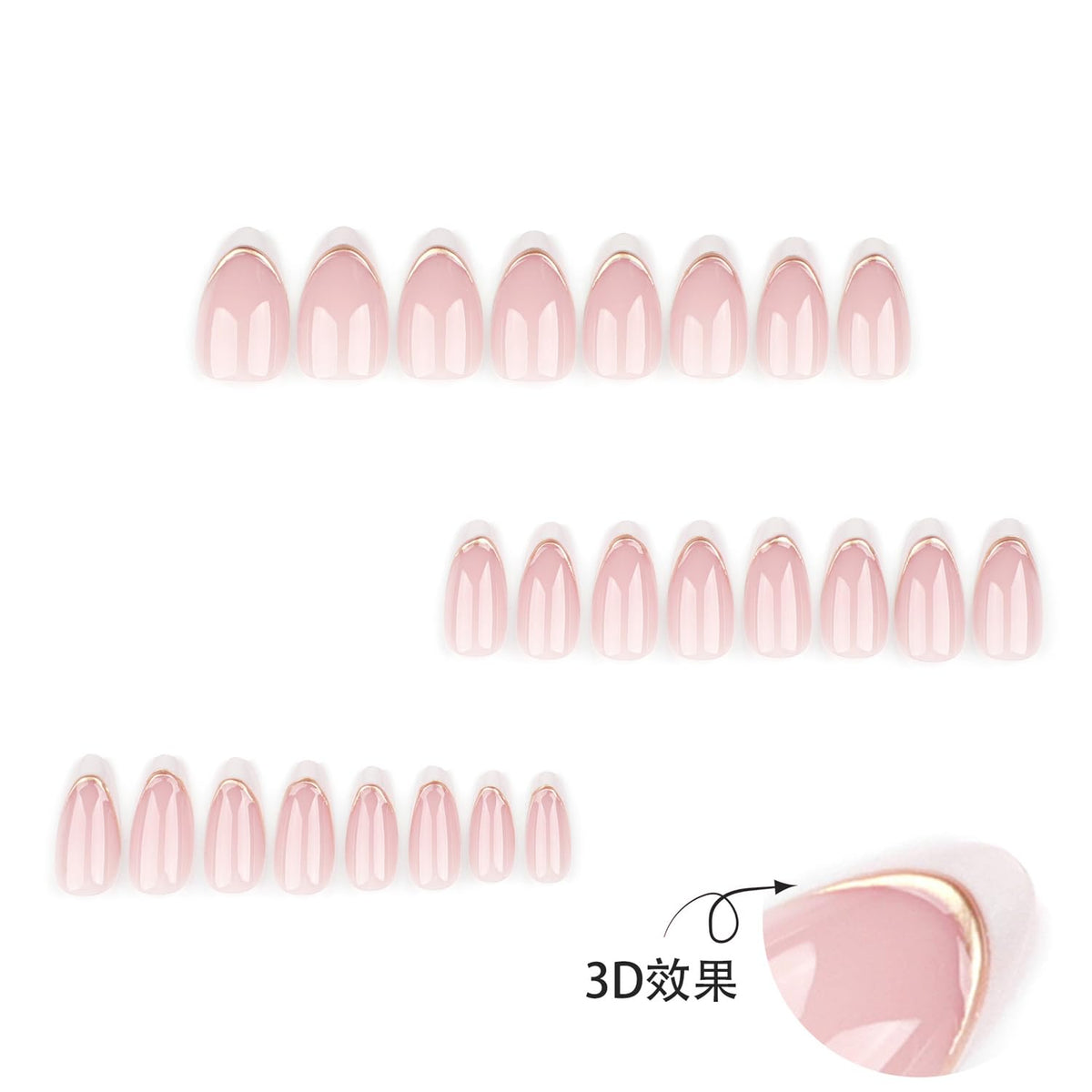 White French Tip Press on Nails Short Fake Nails with Chrome Gold Line Designs French Nails Press ons Nail Tips Stick on Nails Almond Shape Acrylic False Nails Finger Manicure for Women Daily Wear