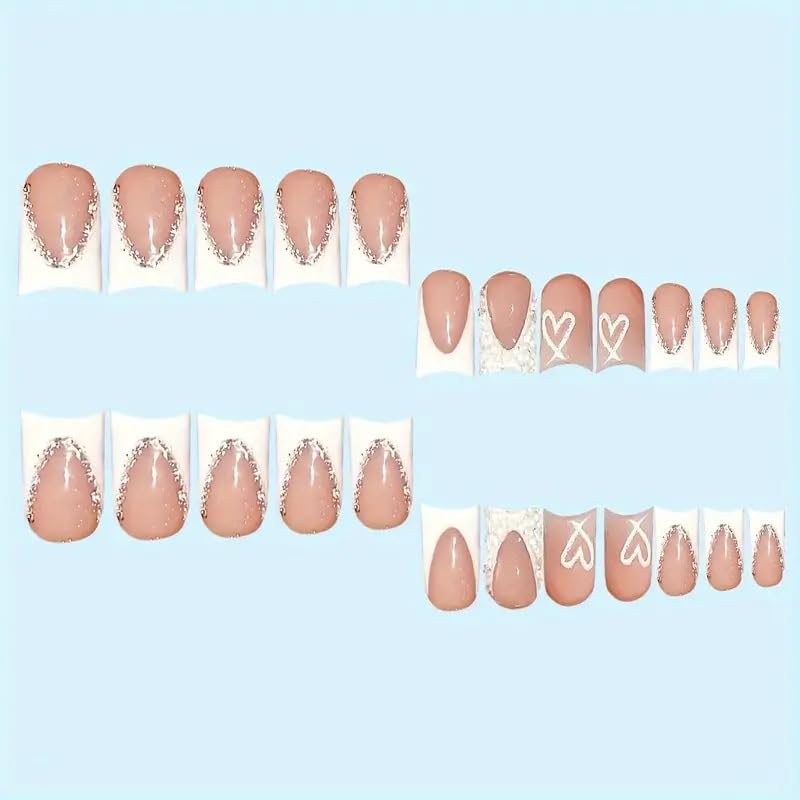 QQPPOLIU Nude Square Press on Nails Short Length,White French Tips Fake Nails with Rhinestones Design for Birthday/Bride/Holiday/Christmas/Valentine'S Day/Women/Young