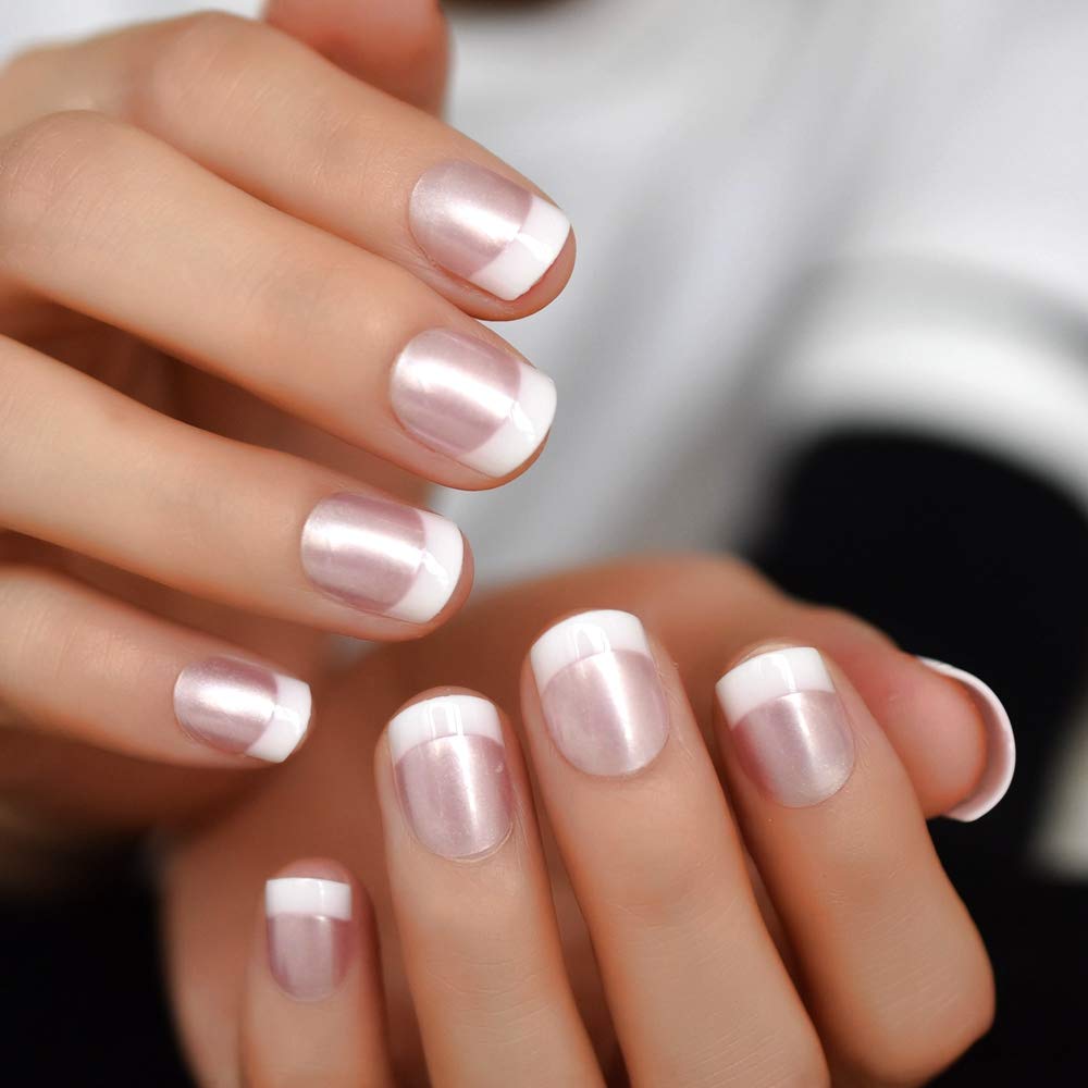 EchiQ Press On Nails Pearl Shine Pink French Nail White Round Fake Nails Short Glossy Satin Artificial Lady Fingernails with Adhesive Tabs