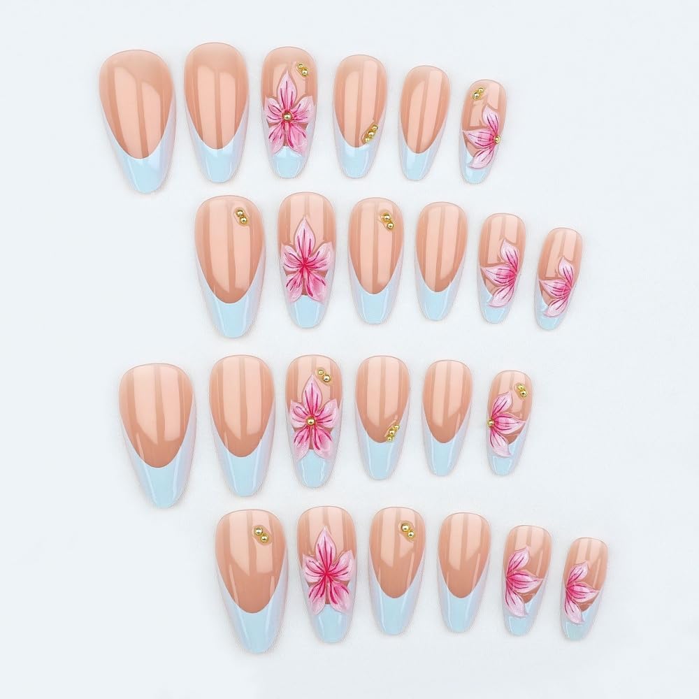3D Handmade Pink Flower Press on Nails Blue French Tip Almond Fake Nails with Gold Metal Charms Luxury Reusable Full Cover Pink Acrylic Nails Press on for Women 24Pcs