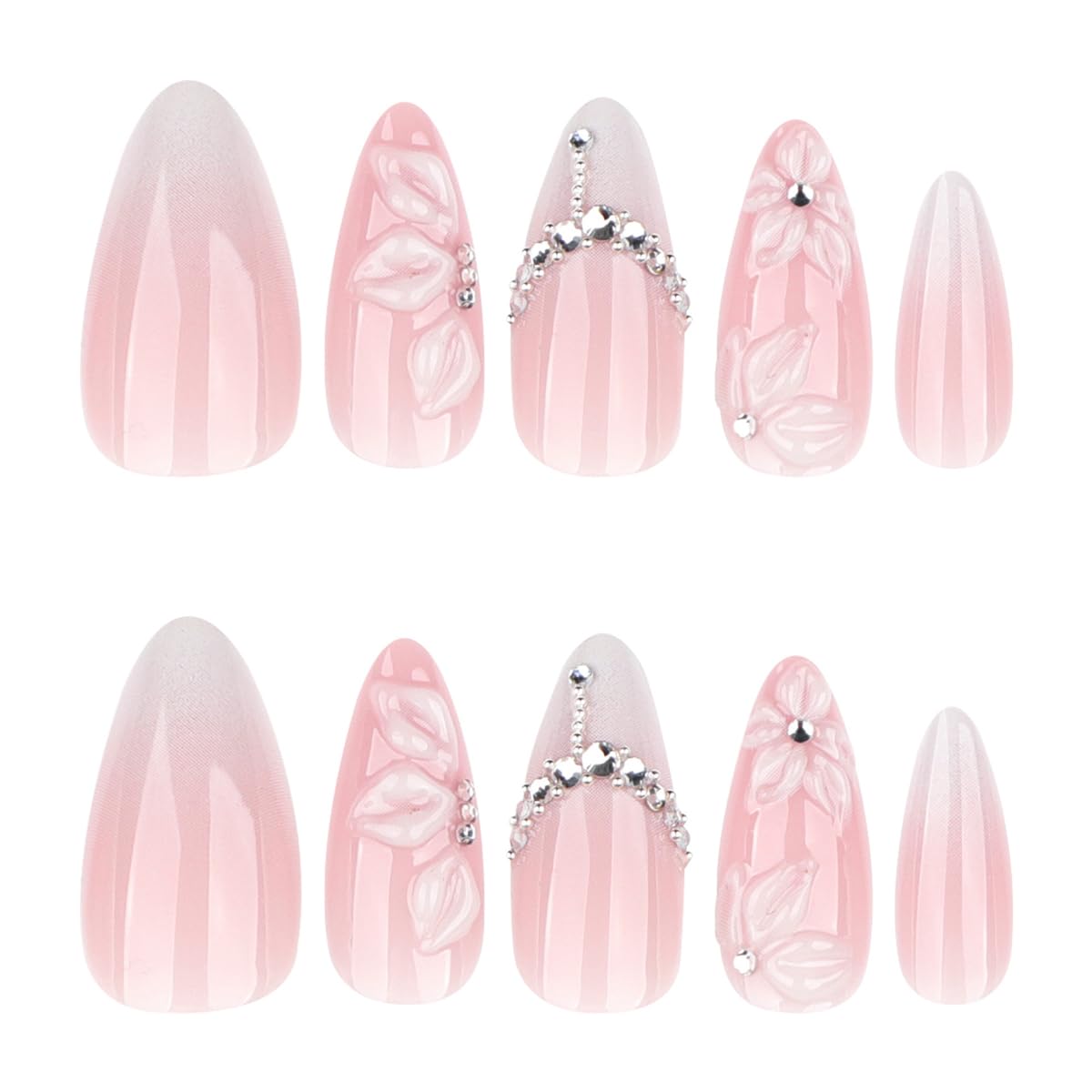 Medium Almond Press on Nails - White French Tip with 3D Flower Rhinestones